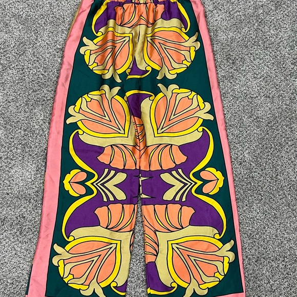 Zara Colorful Printed Satin Pull On Pants Elastic Waist Wide Leg Women’s Size S - Picture 11 of 11